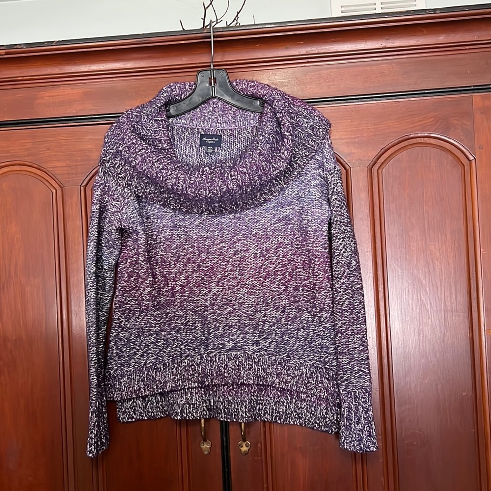American Eagle Cowl Neck Off Shoulder Purple Gray Ombre Cropped Hilo Sweater XS